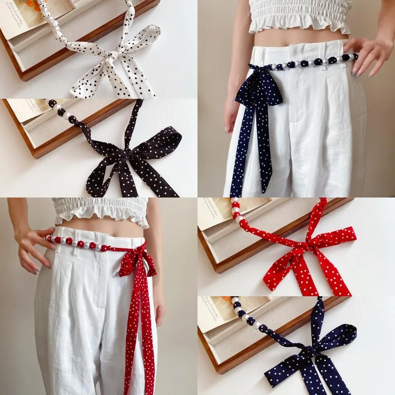 أزياء خمر البولكا نقطة وشاح حريري طويل اللؤلؤ الخصر سلسلة تصميم فاخر حزام رائعة الملابس والاكسسوارات