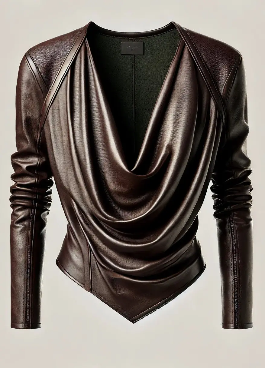 Women Cowl V Neck PU Leather Long Sleeve Blouse Cinched Irregular Hem Solid Leather T Shirt High Street Spring Streetwear