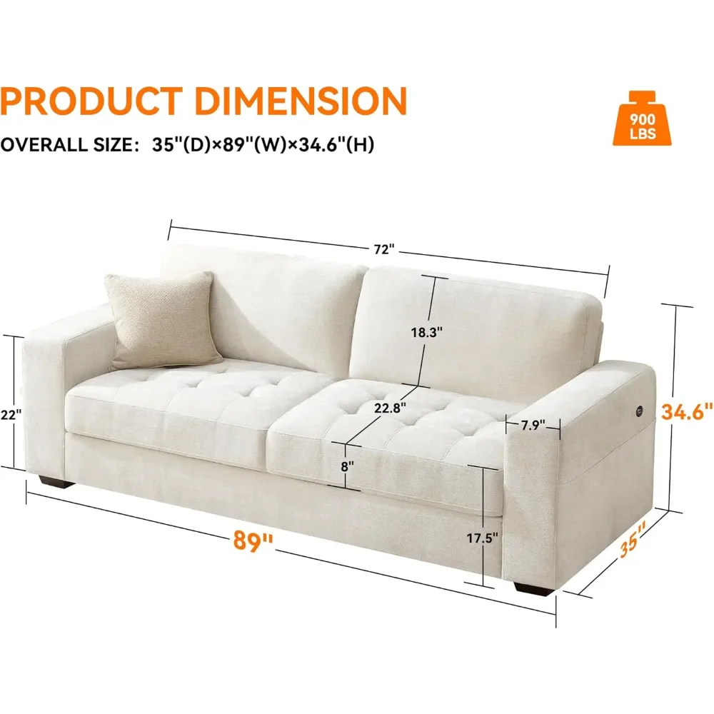 89 Inch Sofa Couch, Modern 3 Seater Couch w/ Removable Covers & USB Ports, Large Chenille Comfy Sofa for Living Room, Apartment