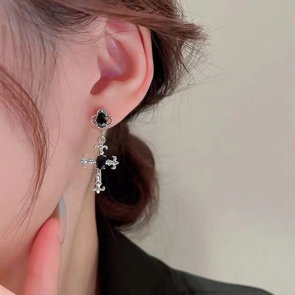 Yupsk Punk Fashion Black Crystal Stone Cross Drill Drop Earring for Women Girls Halloween Jewellery Statement Jewelry Gift