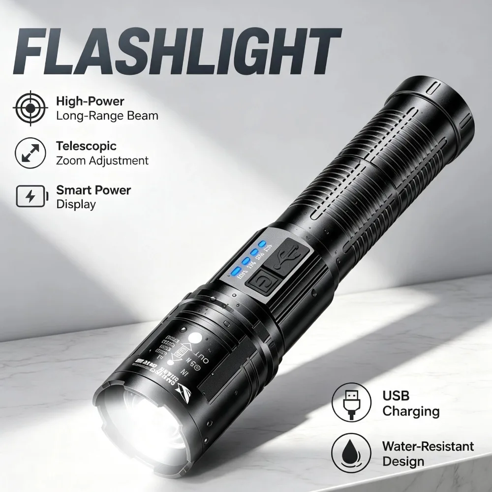 USB Rechargeable LED Flashlight Long‑Range Zoomable Torch Light 3 Light Modes Waterproof Handheld Flashlight For Outdoor Hiking