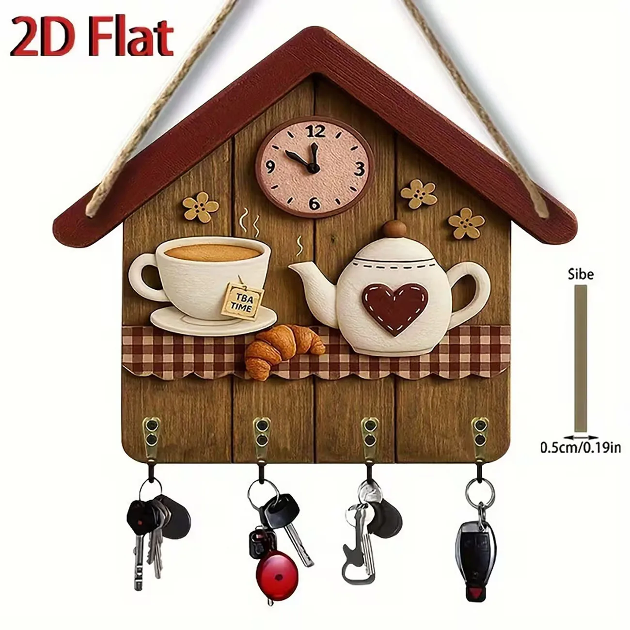 2D flat house shaped key holder with teapot and clock print, four hooks, cozy kitchen farmhouse wall decor.