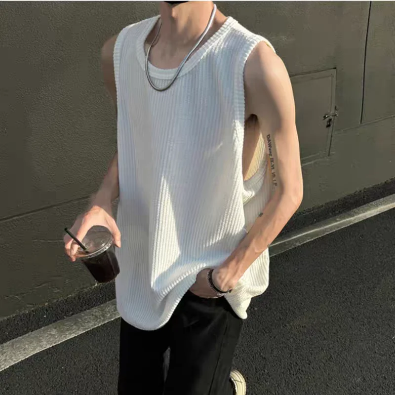 Sweatshirts Vests 2024 Summer New Men's Solid Color Crew Neck Screw Thread Trendy All-match Loose Sleeveless Thin Style Tops