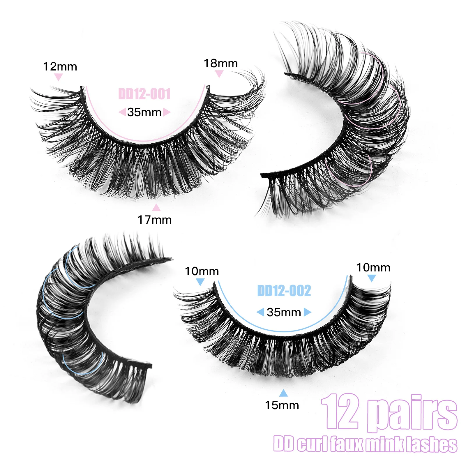 Falso Mink Cílios Postiços, Grosso, Fofo, Encaracolado, Volume Dramático, Lashes Strip russo, Look Natural, Extensão Maquiagem, 12 Pares