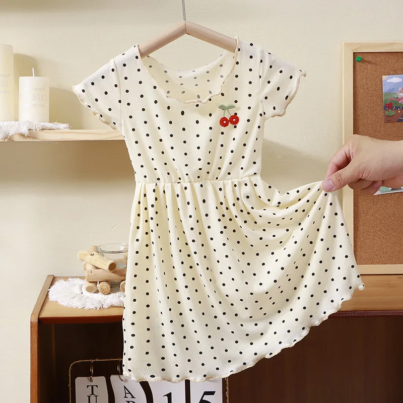 1pcs Summer Girls Ice Silk Dress Baby Infant Short Sleeved Round Dot Skirt Kids Cute Princess Clothes Children Fashion Dress