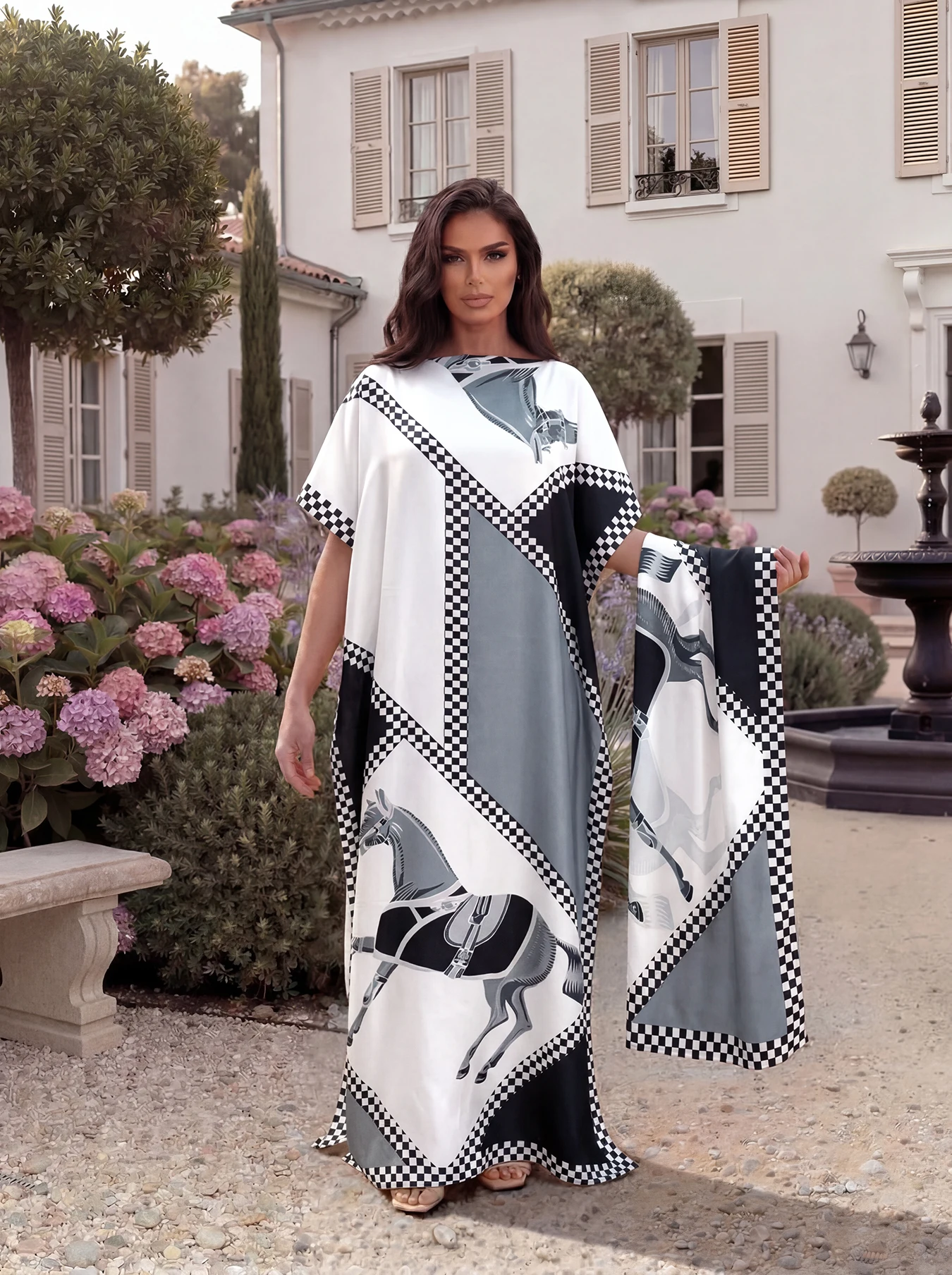 Checkered Diamond Horse Print Satin Abaya Scarf Set, Loose Batwing Kaftan For Muslim Women Summer Holiday Beach Wear