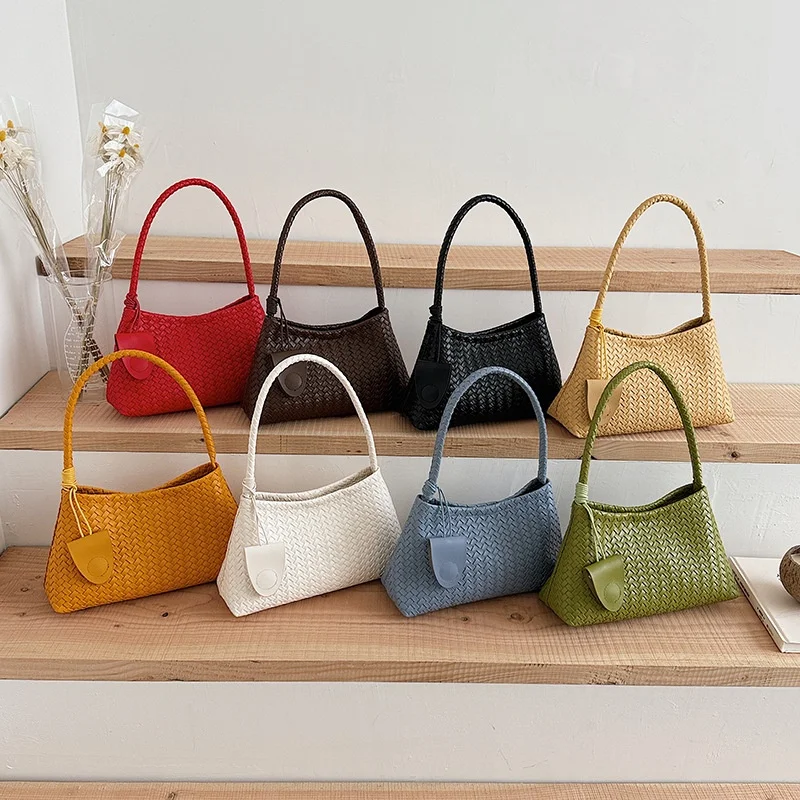 Hand Woven PU Underarm Bag For Women Vintage Solid Color Braided Shoulder Bag Fashion Small Tote Handbag For Daily Vacation