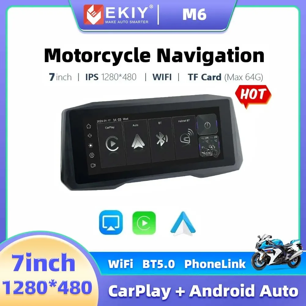 

EKIY New 7inch Motorcycle Navigation Wireless CarPlay Android Auto Airplay Display Screen Portable Motor GPS Monitor