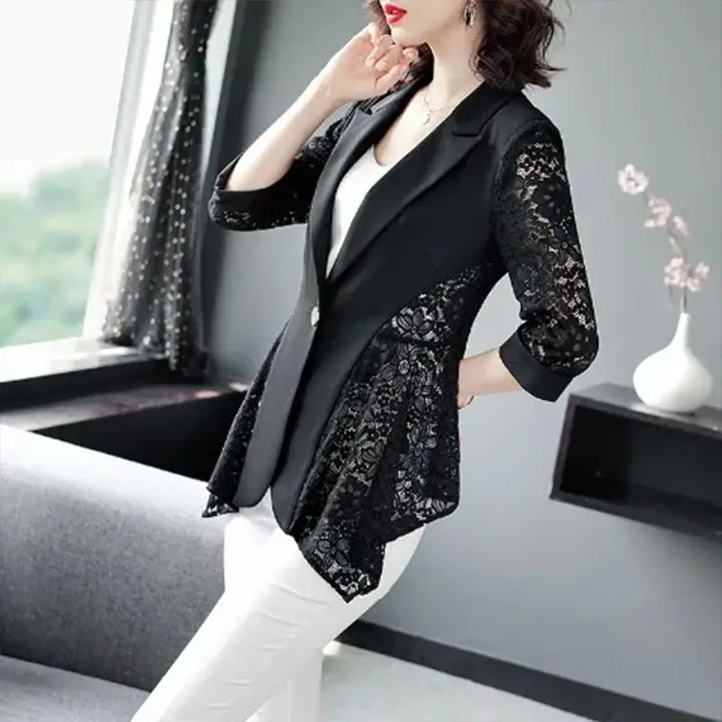 Blazer Panjang Polos Musim Semi Musim Panas Tipis Patchwork Berongga Kancing Renda V-neck Kantor Wanita Formal Kasual Fashion Pakaian Wanita