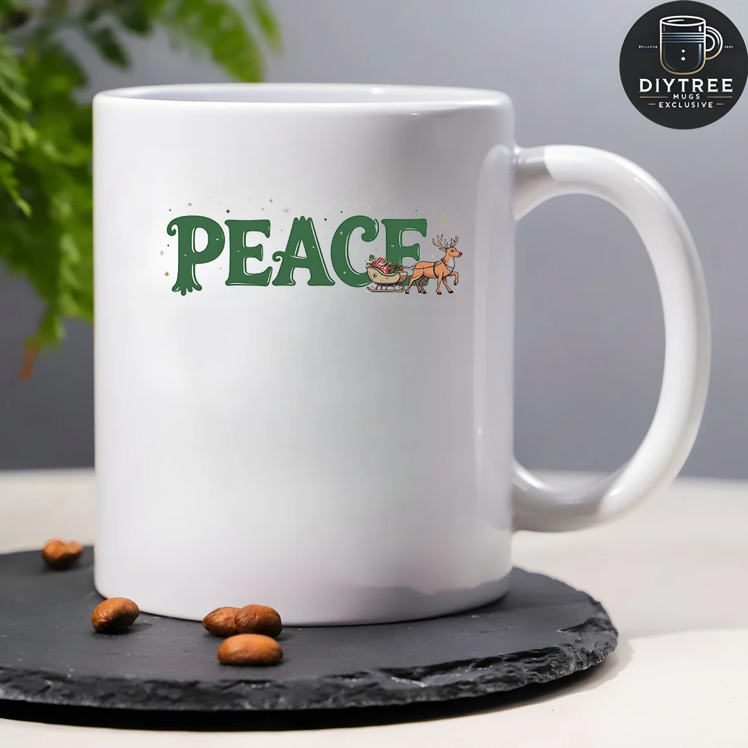 Taza de café de 11oz + pegatina pintada a mano con temática navideña de PEACE + taza para niños, taza de café para oficina familiar, regalo de Navidad