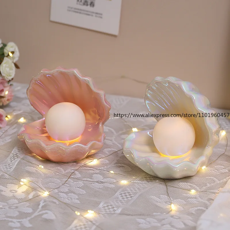 Ceramic Shell Storage Tray Home Bedroom Decor Night Light Jewelry Display Box Aquarium Decorative Ornament