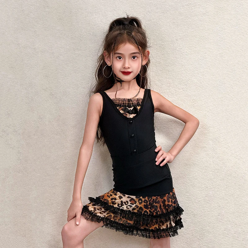 

Одежда для соревнований по латинским танцам для девочек, летнее платье без рукавов с леопардовым принтом и кружевом, детский костюм для румбы, ча-ча-ча, танцевальный костюм, тренировочное платье