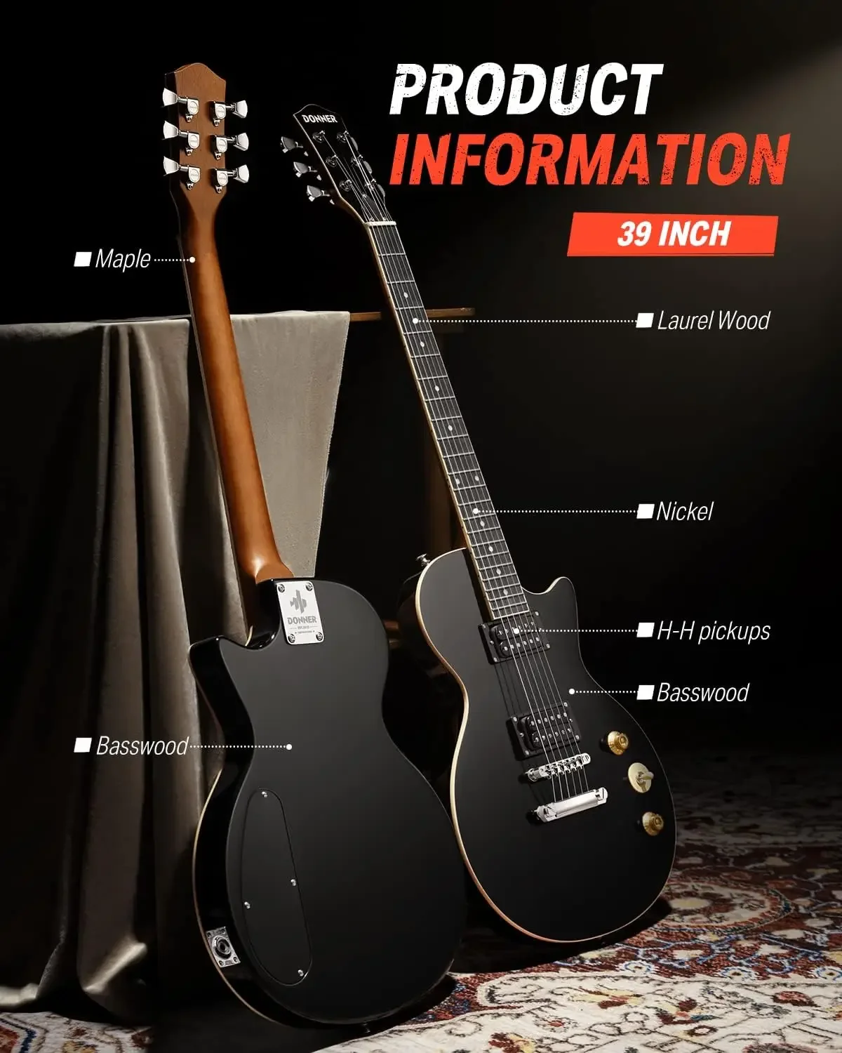 E-Gitarre LP Solid Body, Full-Size 39-Zoll-E-Gitarre Anfängerkit Schwarz mit Tasche, Kabel, Gurt, DLP-124B