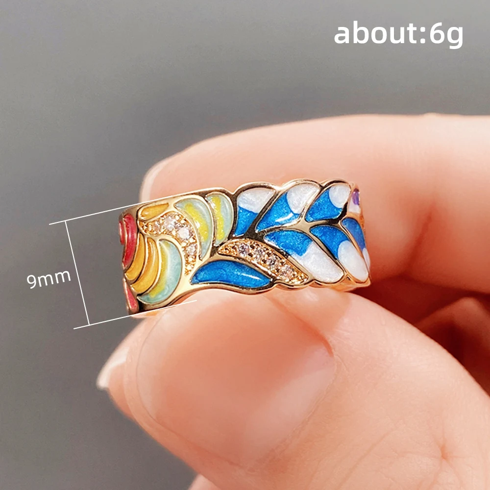 Huitan Handmade Enamel Ring for Women Colorful Feather Pattern Gold Color Cubic Zirconia Ring Romantic Bridal Wedding Jewelry