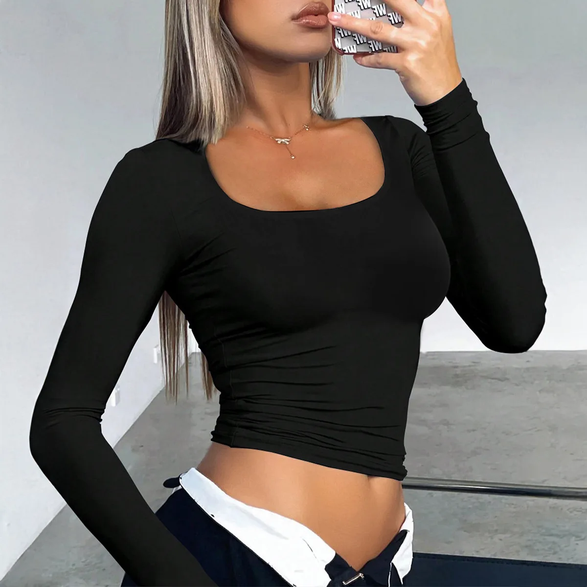 Women Long Sleeve U-neck T-shirt Spring Autumn Slim Casual Fashion Pullover Basic Baby Tee Y2k Clothes Streetwear Sexy Crop Tops