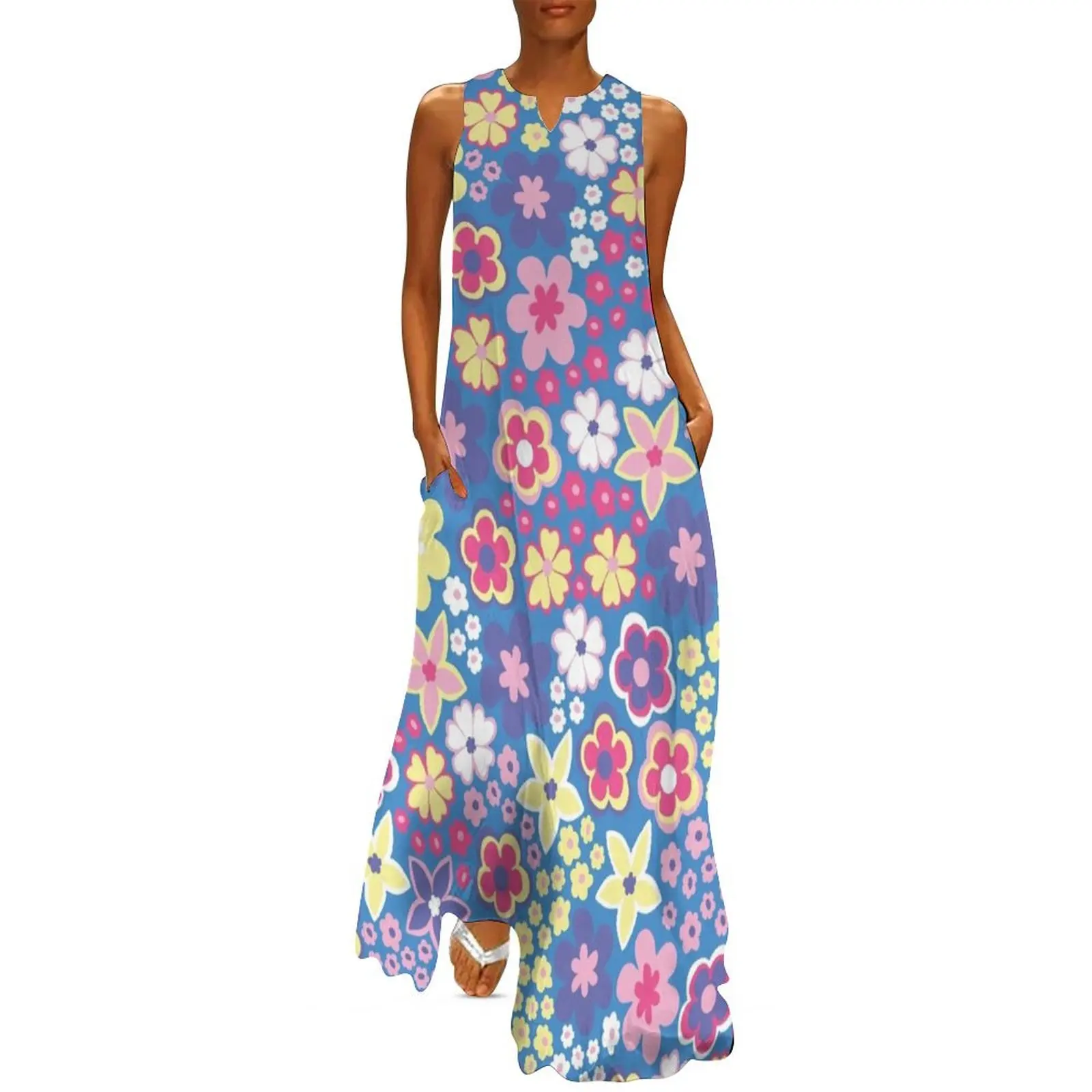 

Blue Pastel 60s retro flower power, purple, pink, pastel yellow, 60s groovy pattern, hippie flowers Long Dress