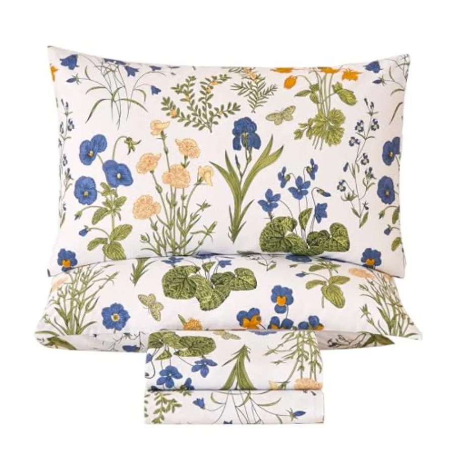 Floral Bed Sheets Set Size 100% Percale Cotton Yellow and Flower Printed Sheets Soft and Breathable Leaf Pattern Botanical Bedd