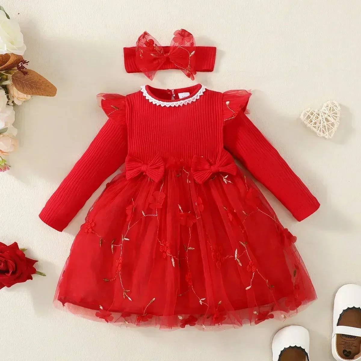 Baby Girls\' Dress Butterfly Knot Spliced Mesh Dress Baby Girl Clothes Princess 3 6 Months Long Sleeve Infant Fashion Baby Dress