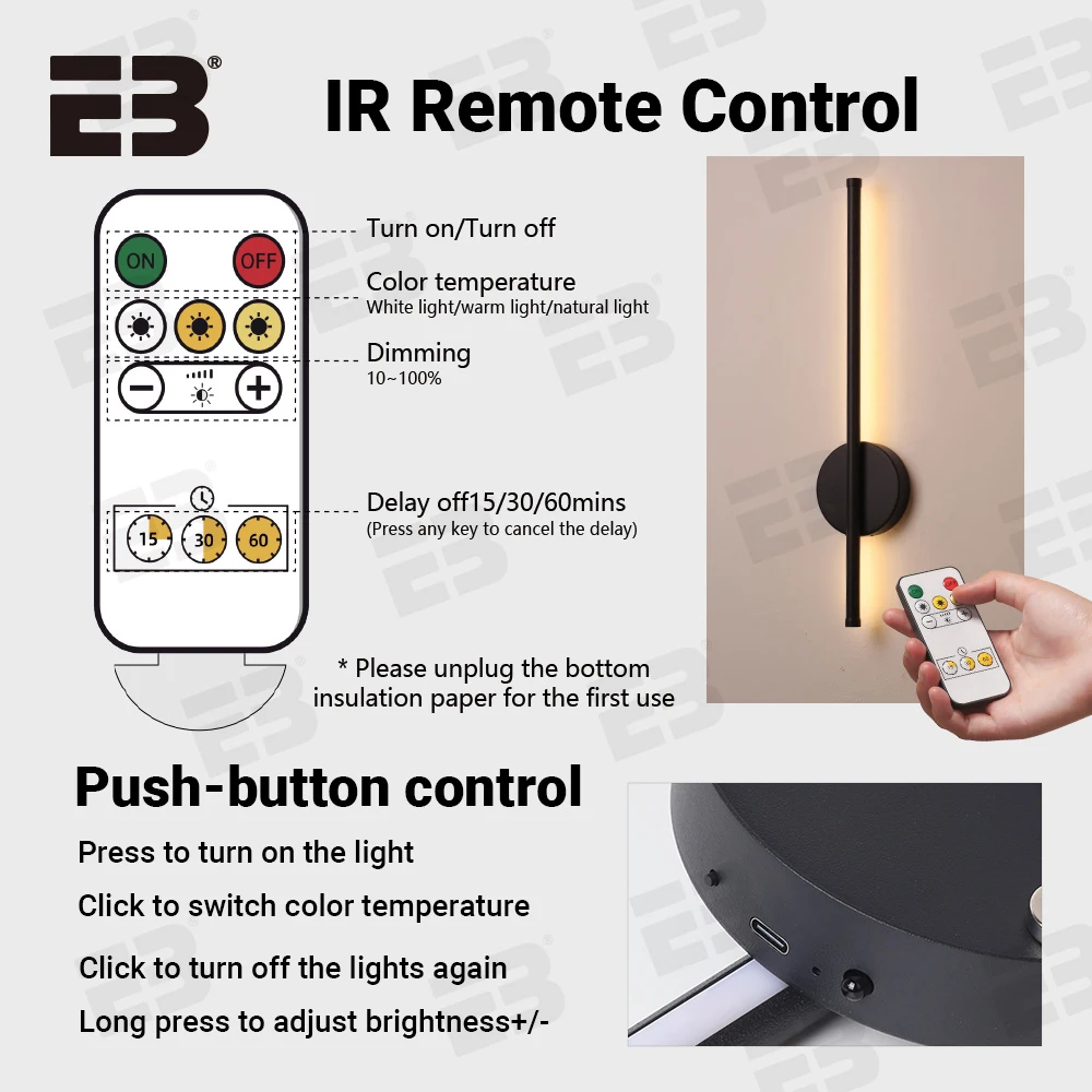 Rechargeable Wall Light 50cm Wireless LED Lamp with Remote Control Bedroom Bedside Lamp Dimming Modern LED Wall Lamp