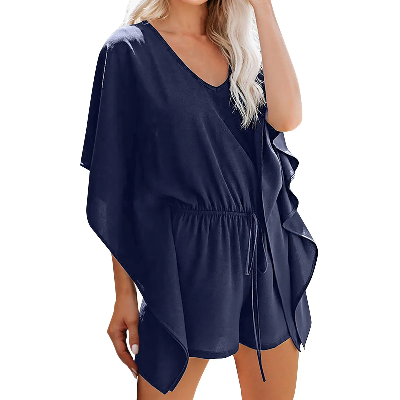 

Summer Beach Women Loose Ruffled Shorts Romper Office Casual One Piece Playsuits Fashion Print V-neck Lace Up Holiday Jumpsuit