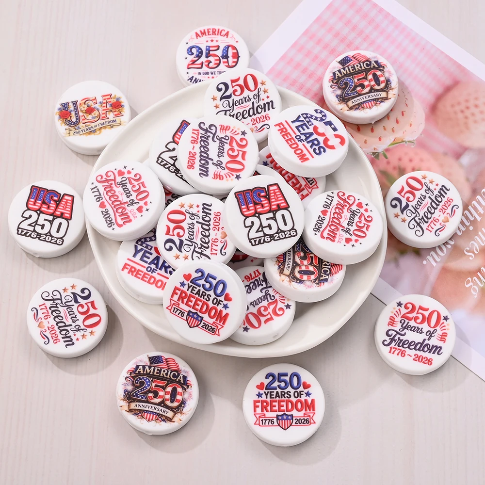 

5 шт. силиконовые плоские круглые бусины 28 мм с принтом к 250-летию, рассыпные бусины для DIY-цепочек для сосок, держателей-клипсов, игрушек-грызунков