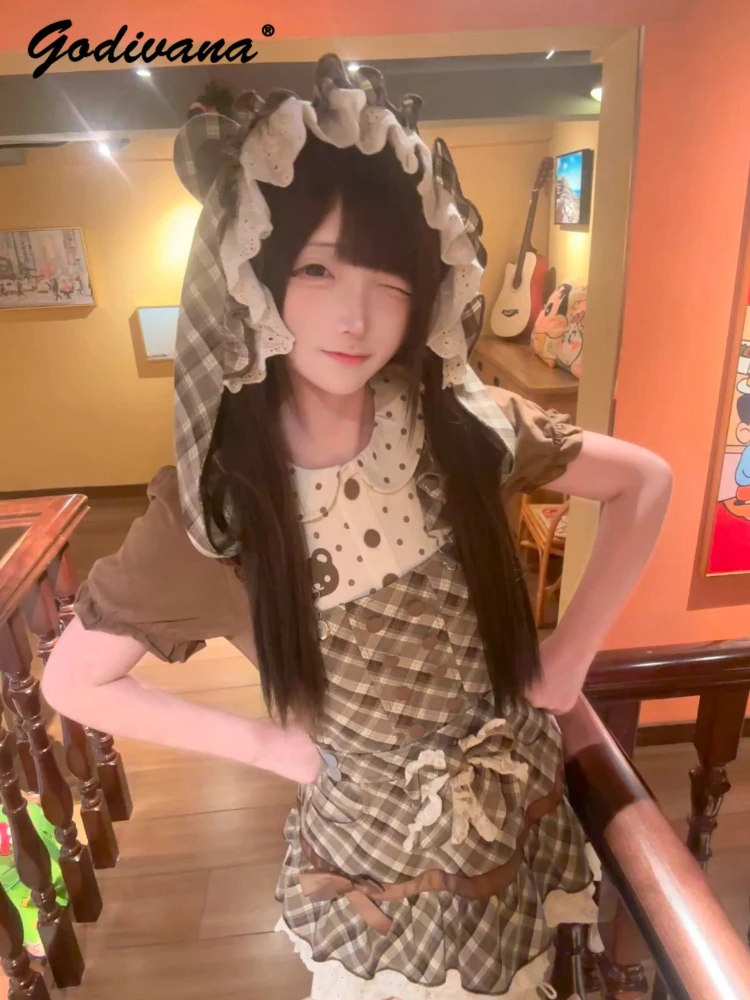 

Original Girls Daughters Kawaii Dress Set New Summer Cute Bear Embroidered Short Sleeve T-Shirt Top Hooded Plaid Strap Dress