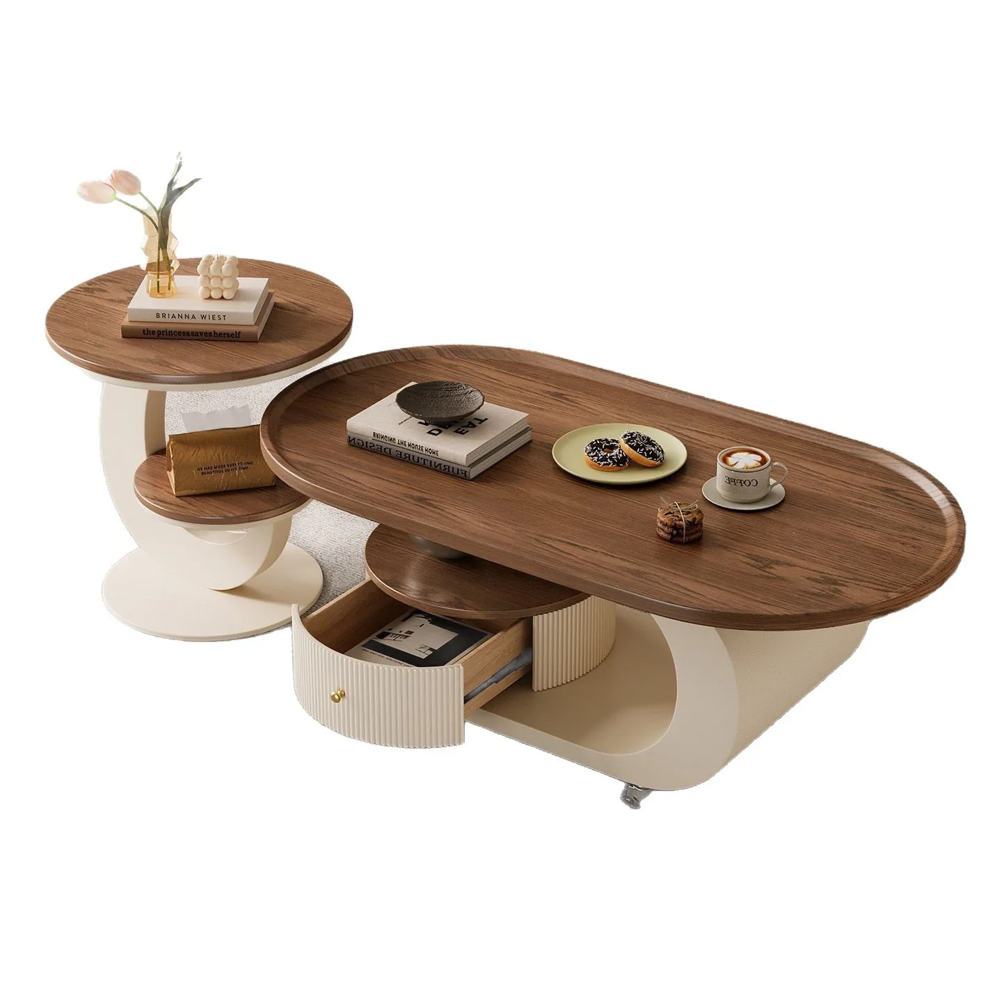 

Light luxury, walnut color, medieval, oval, mobile, coffee table, living room, home