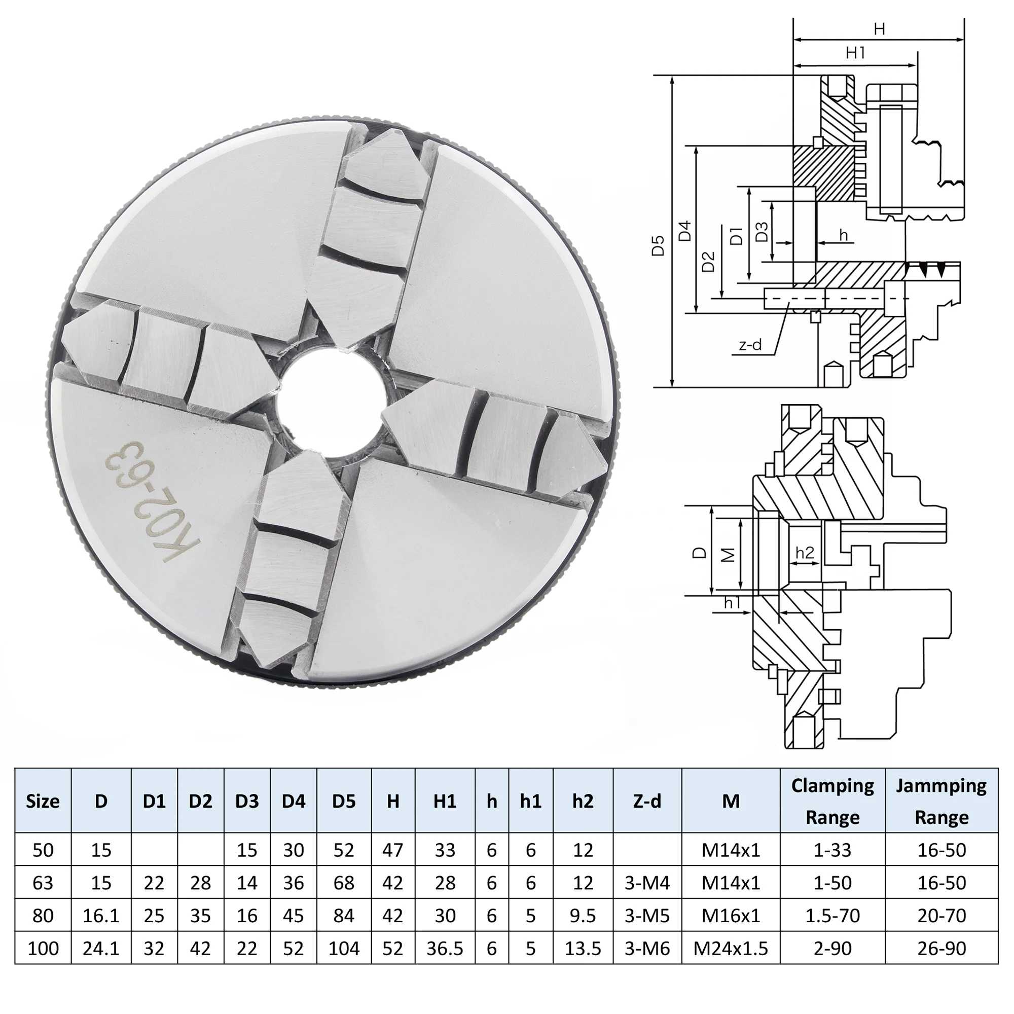 4 Jaw Lathe Chuck Wide Clamping Range Reversible Chuck Mini 4 Claw K02-63  (63mm) M14 Self-centering Claw RATTM MOTOR