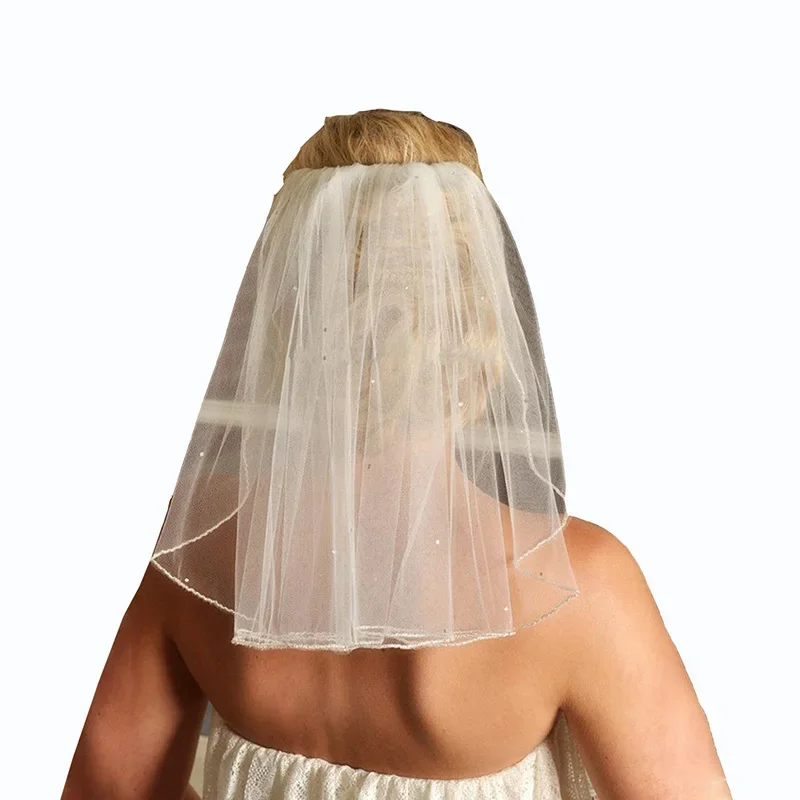 Women's Short Wedding Veils with Comb Lace Appliques Beads Bridal Veil