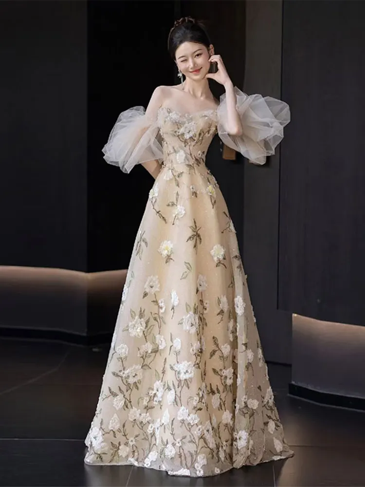 

Ele One-oulder Long Evening Gown with Floral Embroidery for Engagement And Wedding Ceremony Women's Luxury Dr