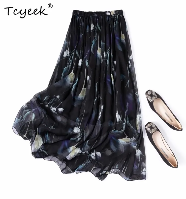 

Tcyeek 12MM 100% Mulberry Silk Skirts, Women's Double Layer Printing Clothes,High Quality Beach Skirt 2025 New Summer D55503JF