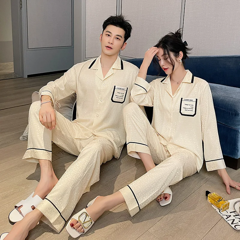 2024 Jacquard Ice Silk Couple High Quality All Season Ins Style Long Sleeved Pants Home Set Suit Nightgown Sleepwear Nightwear