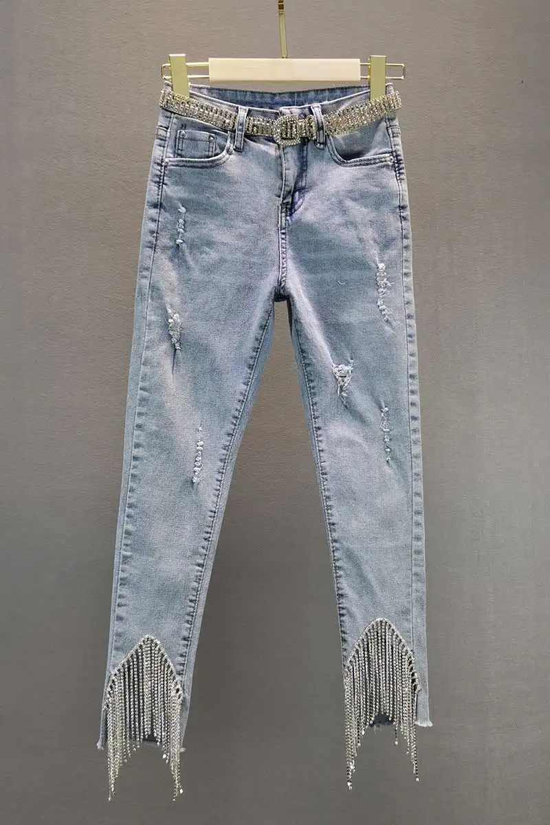 Lente Zomer Hete Strass Franjes Potlood Broek Stretch Slanke Hoge Taille Lichtblauwe Gescheurde Jeans Vrouwen Denim Broek Feme Trouses