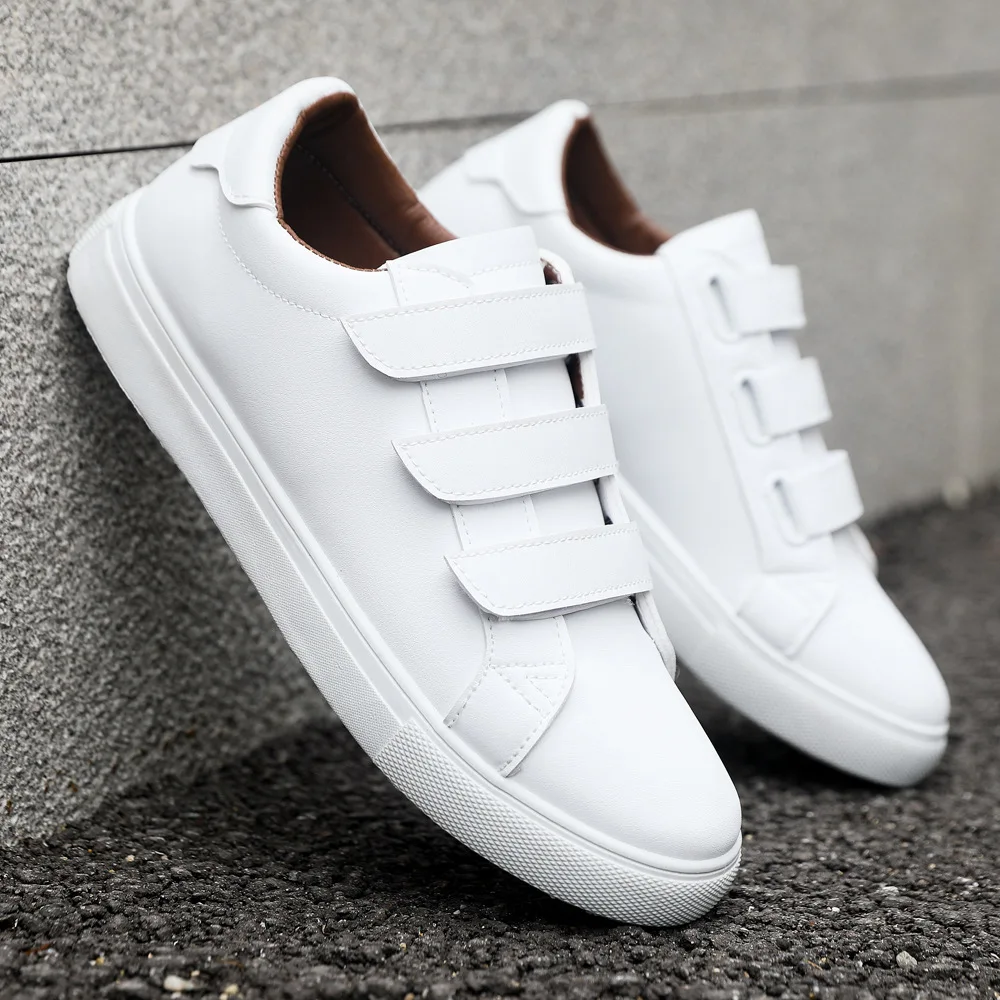 White Shoes Men Pu Leather Casual Shoes for Men Hook & Loop Loafers Fashion Skateboard Shoe Flat Male Sneakers Tenis Para Hombre