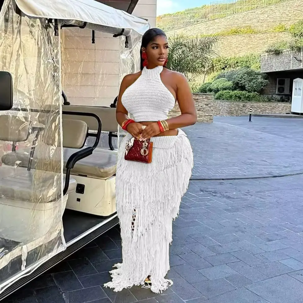 

Crochet Knit Maxi Dress 2 Piece Skirt Sets 2026 Women Sexy Knitted Tassel Fringe Dress Elegant Two Piece Sets Outfit Knitwear