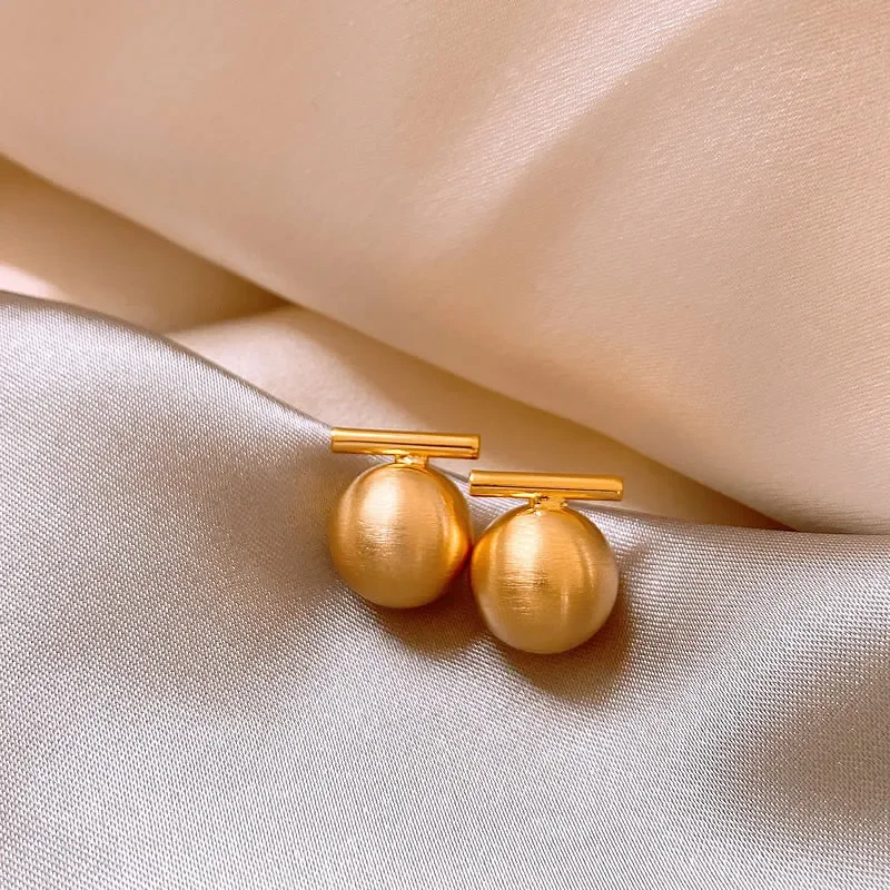 South Korea new design fashion jewelry 18K gold plated round metal beads brushed earrings elegant women's daily work accessories