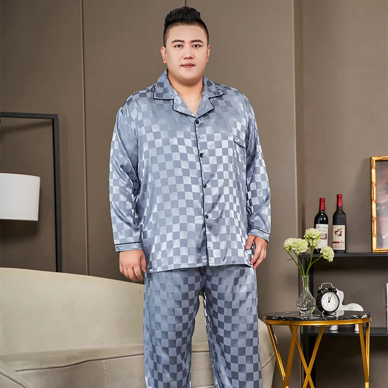 Men's Ice Silk Pajamas Long Sleeve Pants Oversized 5XL Loose Fitting Casual Home Clothing Set Comfortable Printed Sleepwear
