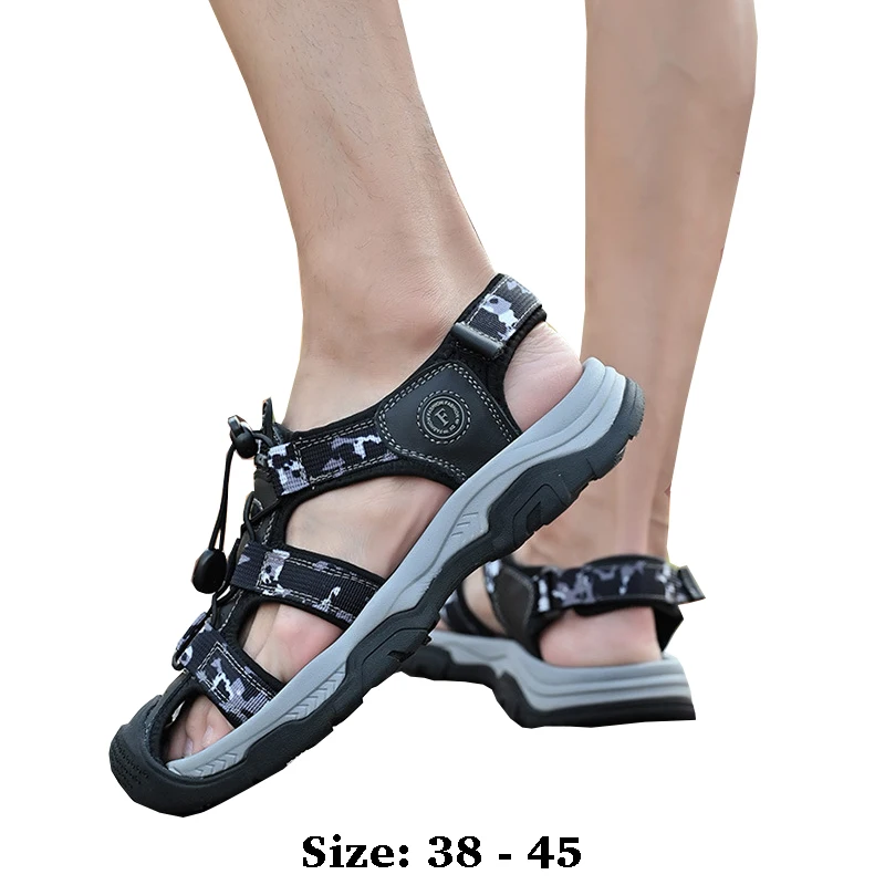 

High quality leather flat sandals for men round toes new summer 2025 size 38 45 casual outdoor walking big size shoe black brown