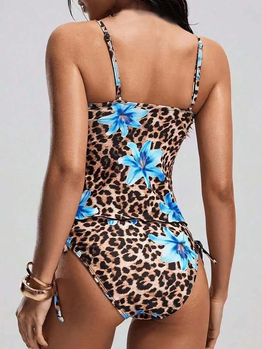 

Leopard Print Floral Two Piece High Waist Swimsuit For Women