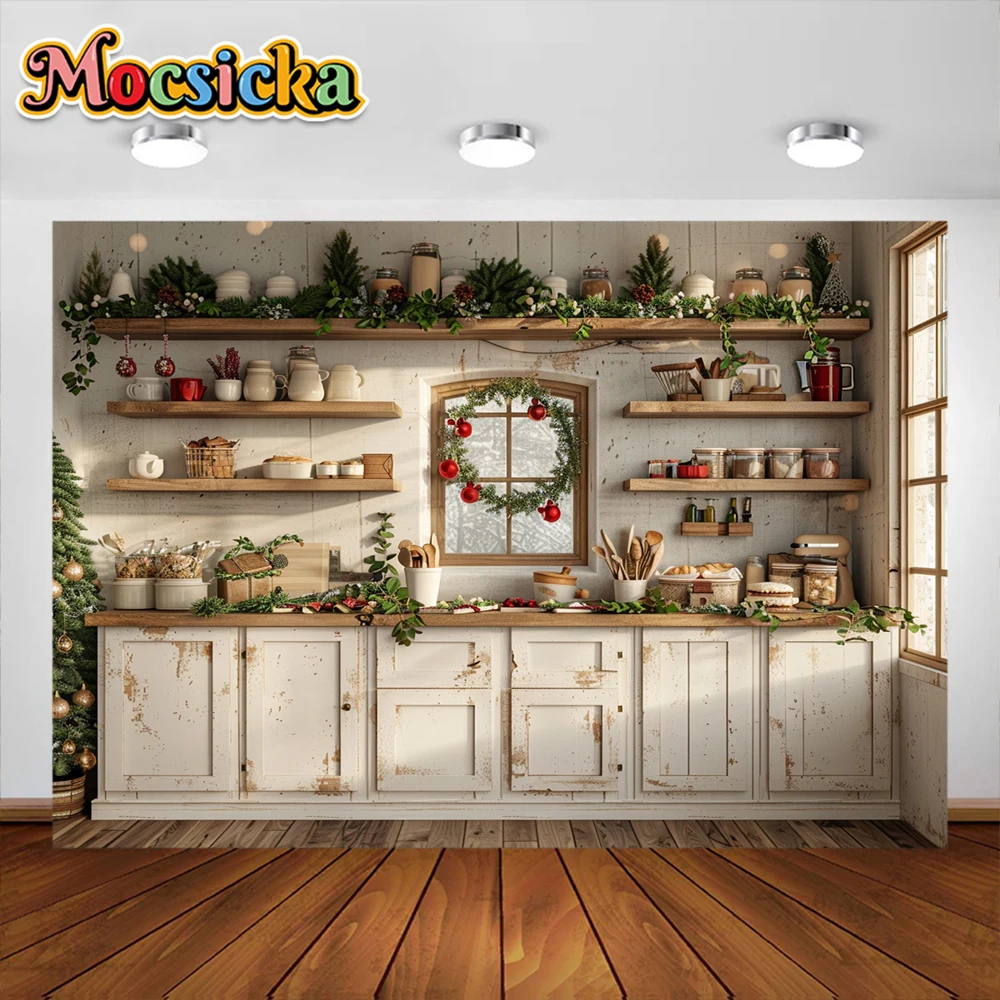 Christmas Kitchen Photography Background Garland Cabinet Xmas Tree Party Decoration Supplies Family Portrait Studio Props