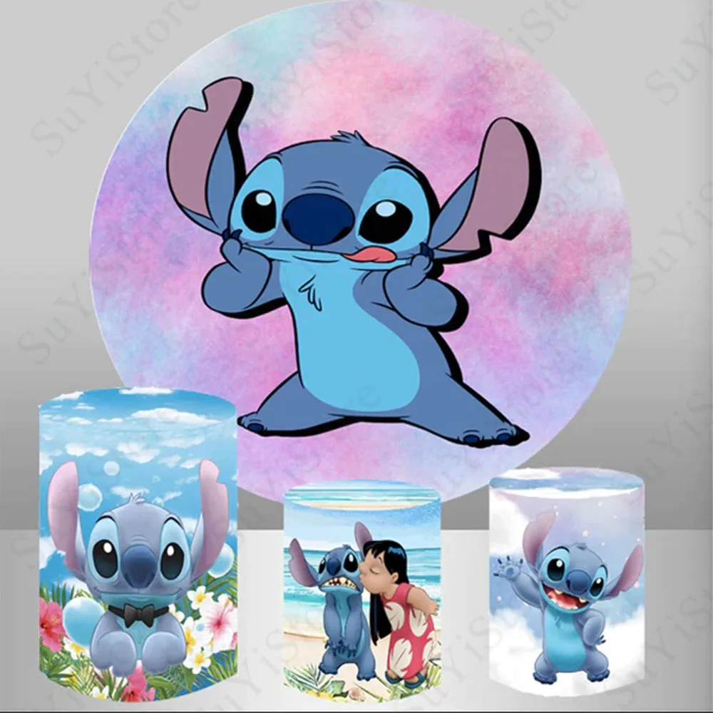 Disney Cute Stitch Round Backdrop Cover For Kids Birthday Baby Shower Pink Purple Colors Circle Photo Background Cylinder Covers