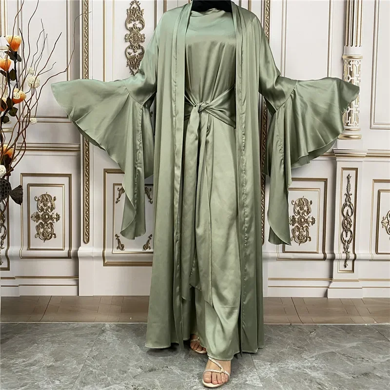 2-teiliges Set Satin Open Abaya Kimono Cardigan Damen Muslimisches Kleid mit Gürtel Eid Ramadan Jalabiya Passende Outfits Dubai Kaftan Robe
