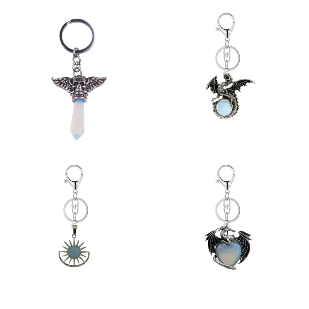 Natural Gem Silver Pendant Keychain Healing Stone Opal Demon Dragon Hexagonal Pillar for DIY Car Keychain Jojo Bizarre Adventure