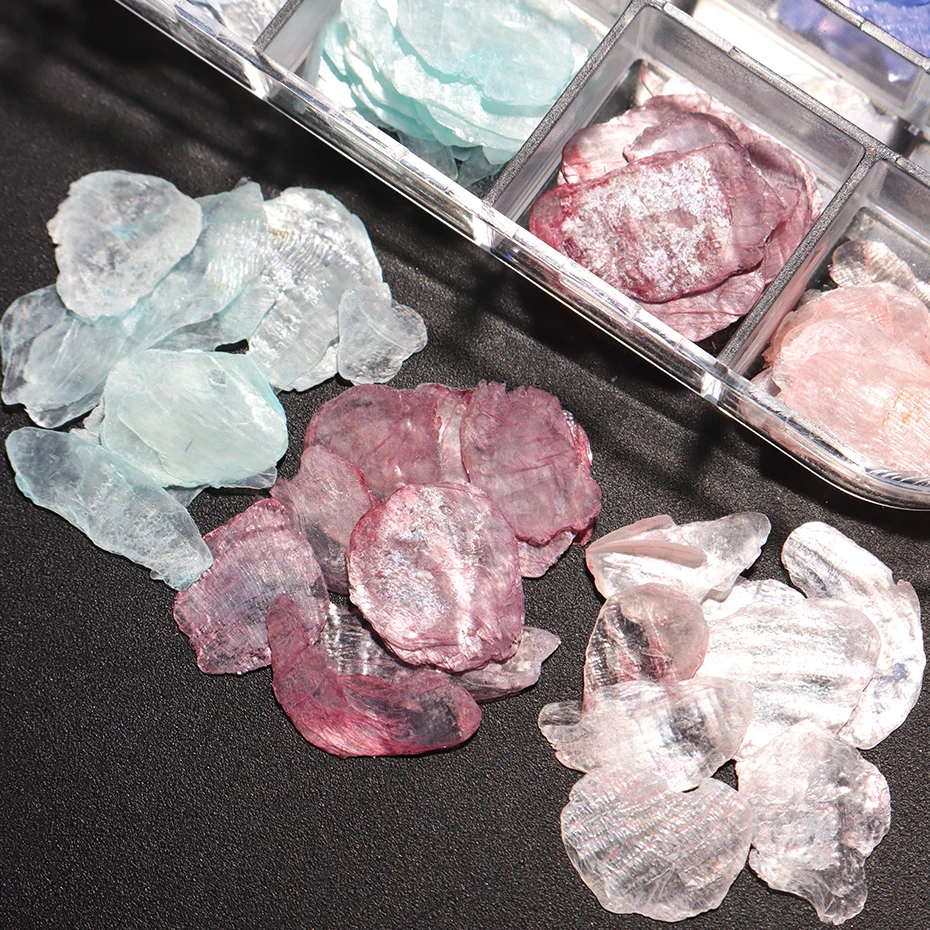 12 Gitter Seidenmatt-Muschelschalen-Flocken, schillernde dünne Muschelscheiben, Opal-Muschelfragmente, Nageldekoration, 3D-Glitzer-Pailletten für Maniküre – Detail 7