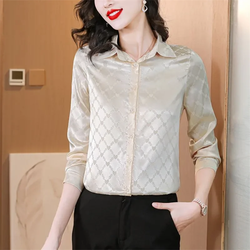 

Elegant Office Ladies Work Shirt Women Silk Blouse Long Sleeve Lapel Button Bright Shirt Basic Satin Tops Cardigan Female Blouse