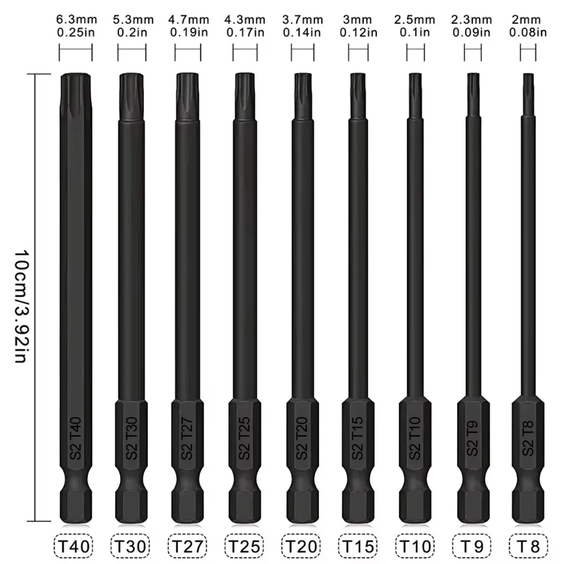 9pcs 100mm Torx screwdriver bit set T8, T9, T10, T15, T20, T25, T27, T30, T40  Multi-Size Security Bits with Hole & Magnetic Tip