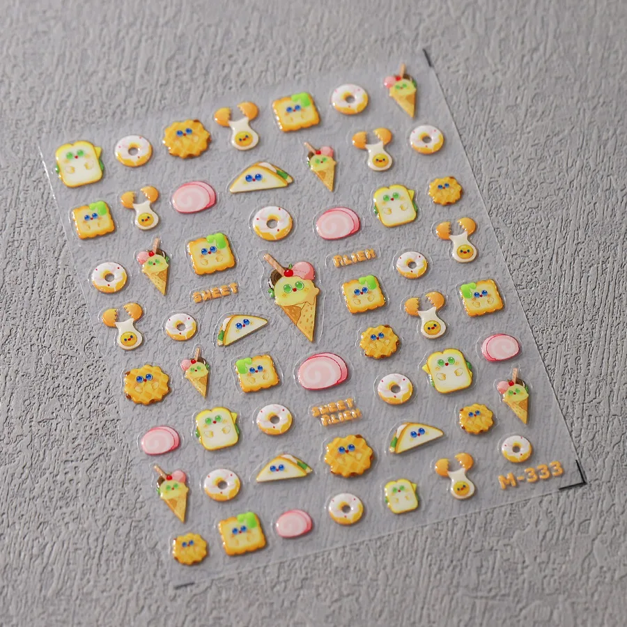 Lovely Sandwiches Donuts Ice Cream Cartoon 5D Embossed Reliefs Self Adhesive Nail Art Stickers Cute Desserts Manicure Decals