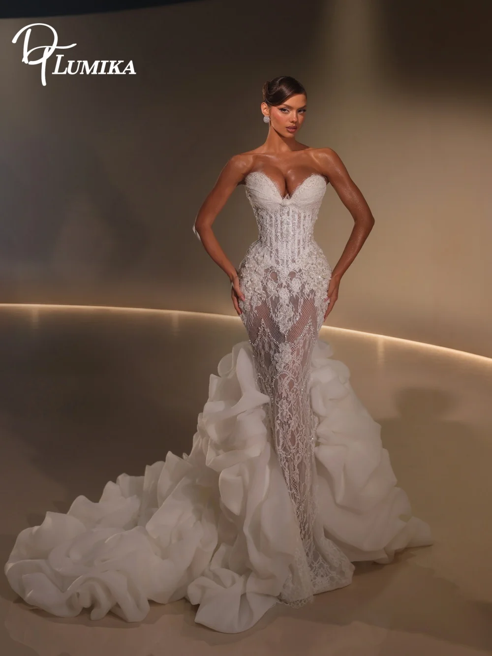 Elegant Sweetheart Neck Lace Appliqued Mermaid Bridal Gowns Wedding Dress 2027 Ruffled Chapel Train Customized Vestido De Noiva