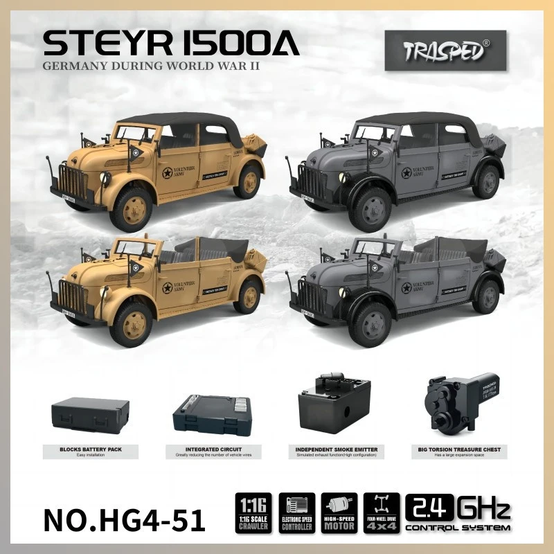 HG RC Cars HG4-51 Steyr 1500A Command Vehicle 1/18 German Military Model Convertible Light Electric Simulation Model RC Car Gift