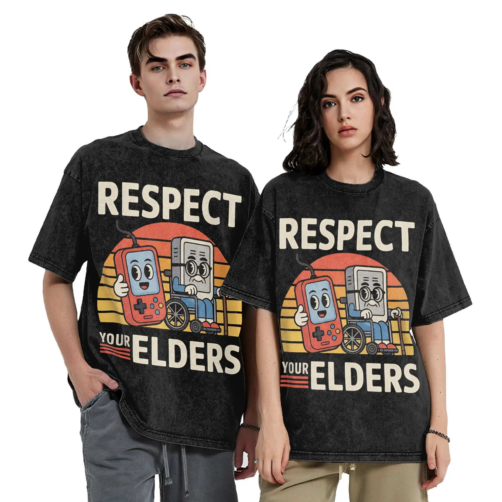 Harajuku Respect Your Elders Gaming Funny Controller 80s  Vintage Washed T-Shirt Unisex Round Neck Tops  Cotton Summer Tops